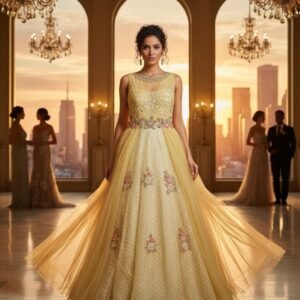 Golden Tulle Anarkali Gown | Embroidered Floral Party Dress