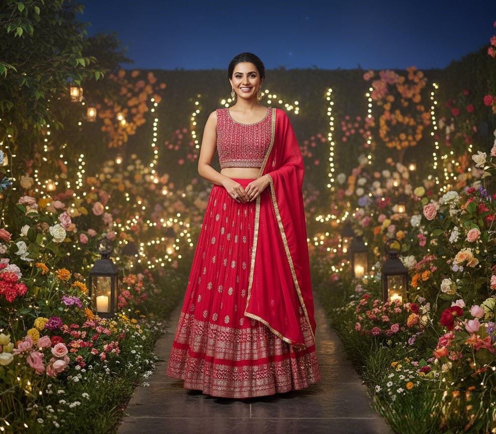 il_fullxfull.7368169493_jzd0.jpg Red Lehenga Choli Set | Mirror Work Blouse, Indian Wedding Outfit - Image 5