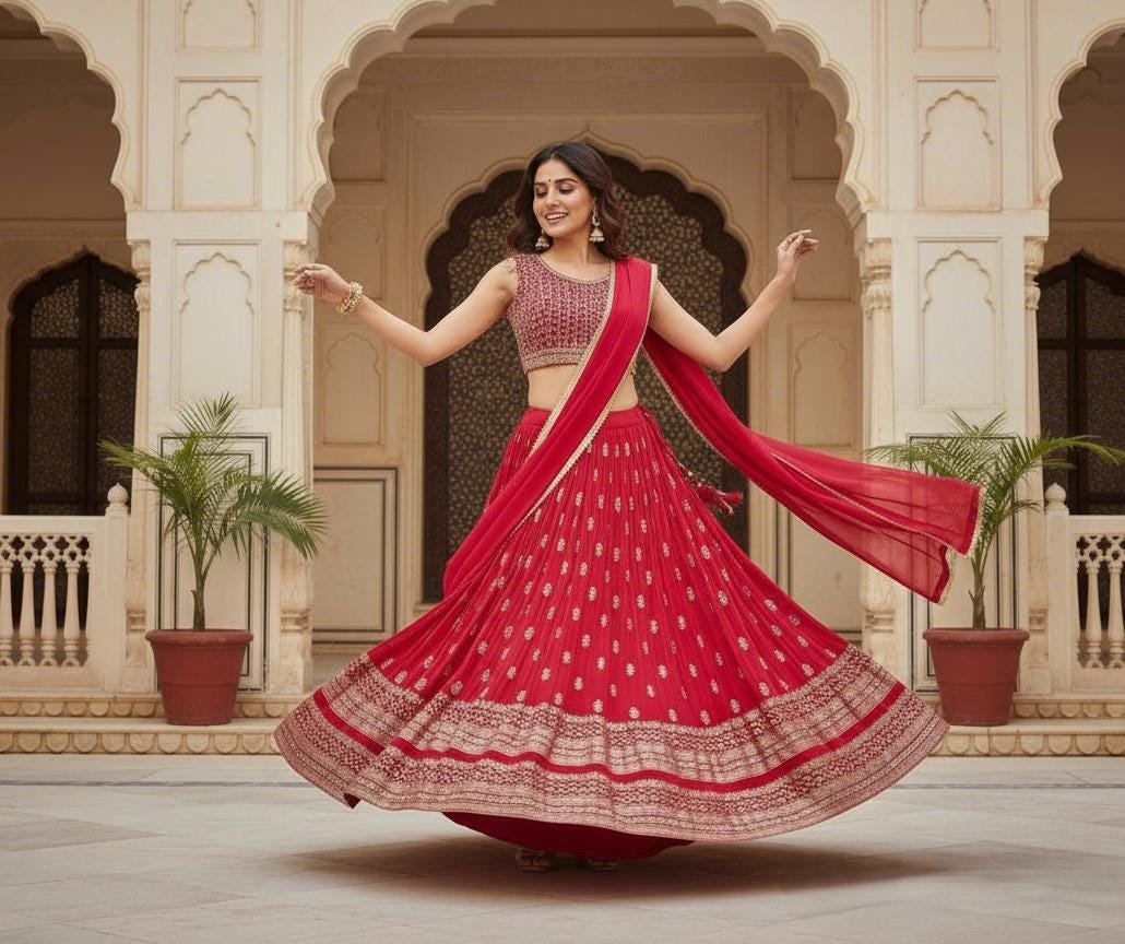 il_fullxfull.7368169673_8e2f.jpg Red Lehenga Choli Set | Mirror Work Blouse, Indian Wedding Outfit - Image 10