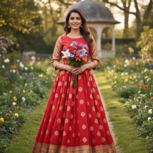 Red Brocade Anarkali Gown | Gold Zari Indian Dress