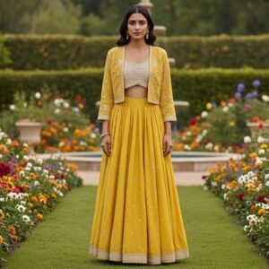 Yellow Chinon Lehenga Set: Embroidered Jacket, Indian Wedding Wear