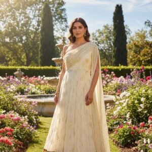 One Shoulder Cream Gold  Gown with Stitched Dupatta • Party Wear Dress • Ready to Wear Long Wear• Size:S