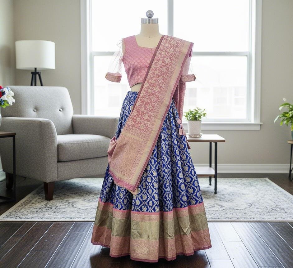 il_fullxfull.7398318422_rj4i.jpg Blue & Pink Banarasi Silk Lehenga Set | Zari Weave Ghagra Choli - Image 8