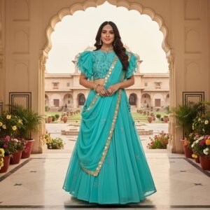 Turquoise Lehenga Choli Set – Georgette Ruffle Sleeve Indian Outfit