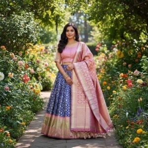 Blue & Pink Banarasi Silk Lehenga Set | Zari Weave Ghagra Choli