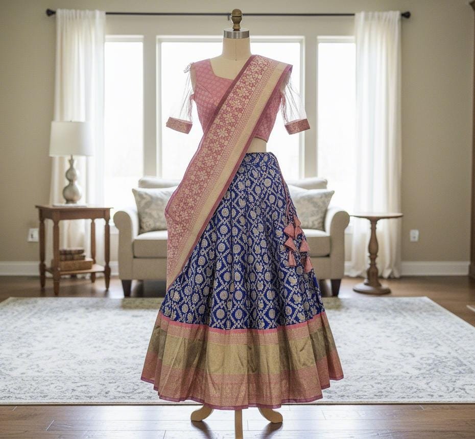il_fullxfull.7446233445_44rm.jpg Blue & Pink Banarasi Silk Lehenga Set | Zari Weave Ghagra Choli - Image 4