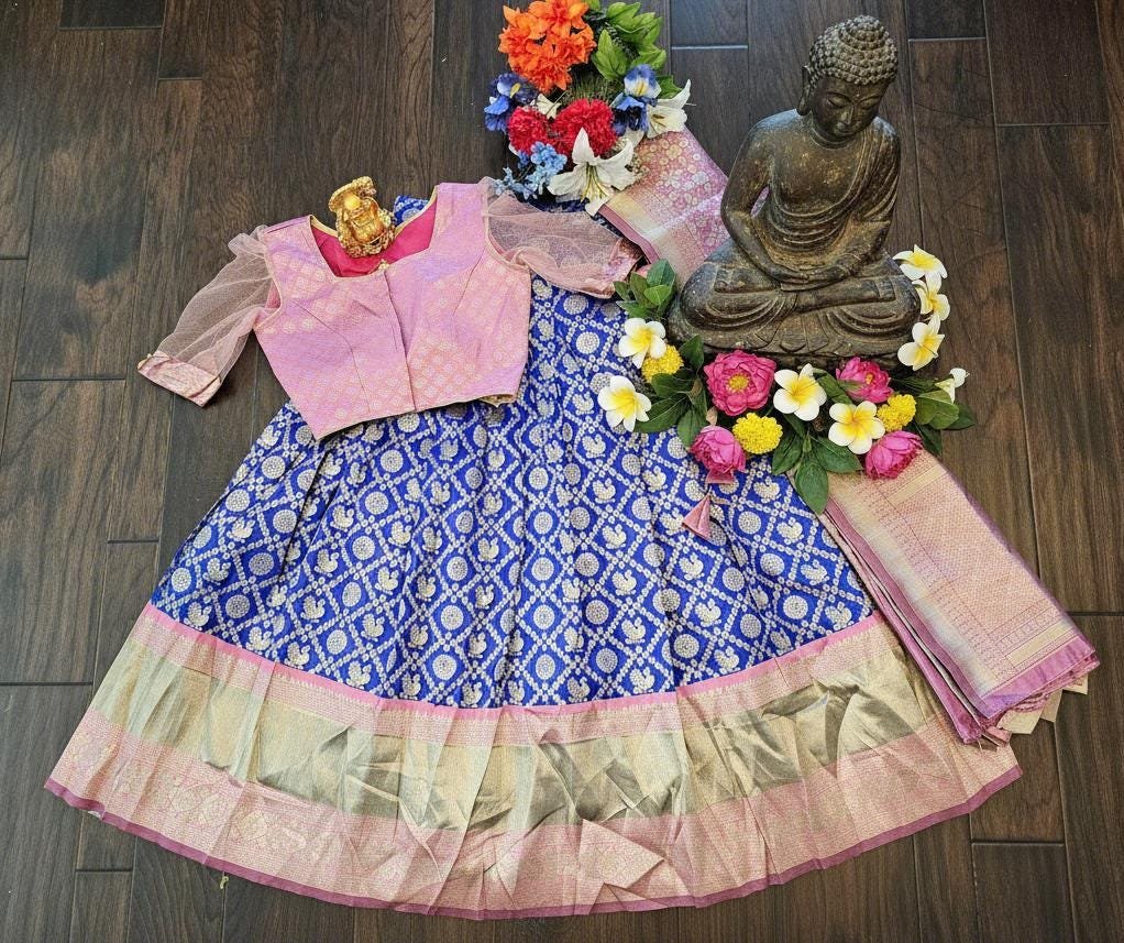 il_fullxfull.7446233665_szjm.jpg Blue & Pink Banarasi Silk Lehenga Set | Zari Weave Ghagra Choli - Image 2