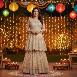 Beige Gold Embroidered Peplum Lehenga set |Festival Outfit for Teens and Woman| Party Wear Indian Dress