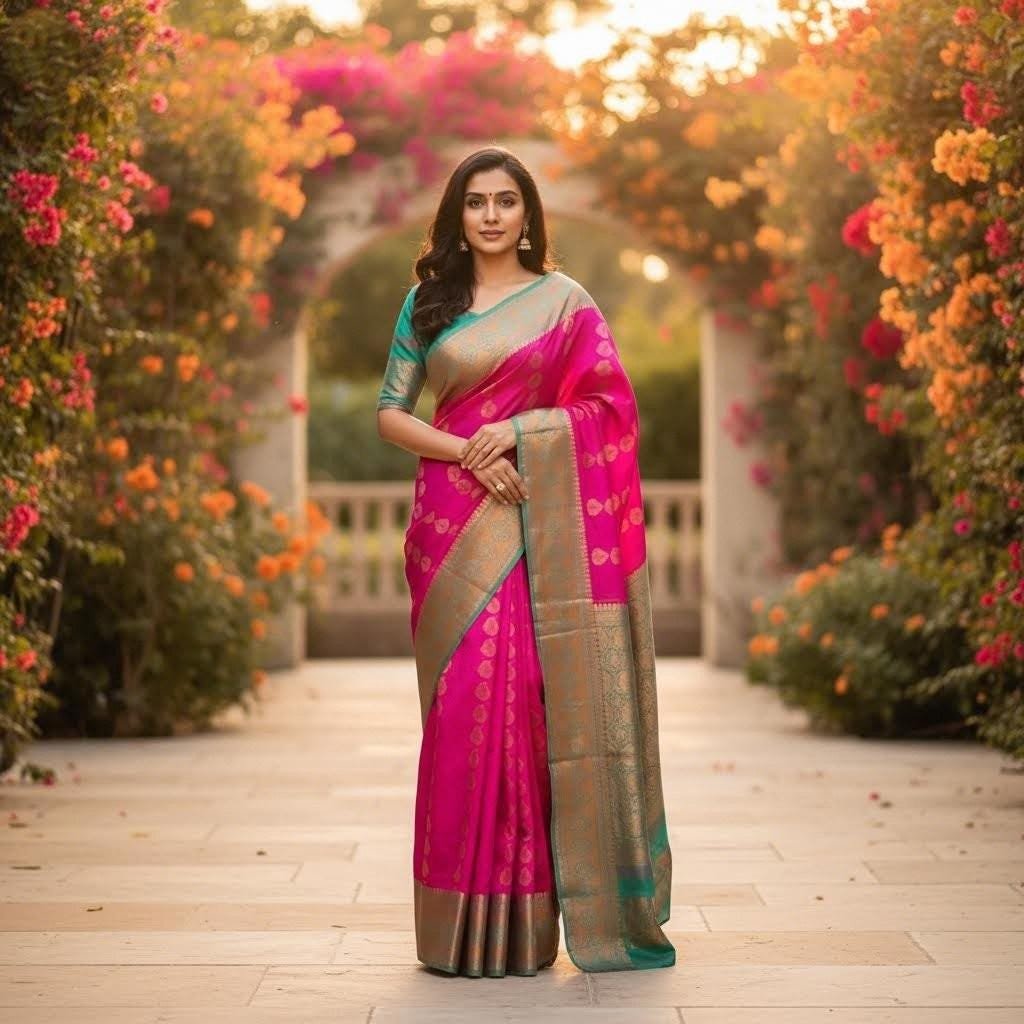 Emboss Butta Semi Silk Saree: Stitched Designer Blouse, Wedding Party Wear
