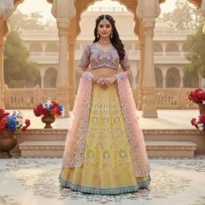 Yellow & Pink Embroidered Lehenga •Multicolor Bridal Lehenga Set • Heavy Designer Indian Wedding Outfit