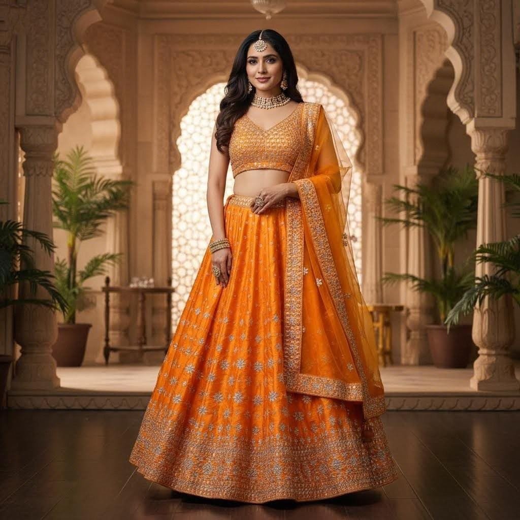 Orange Embroidered Lehenga Choli Set • Mirror Work, Wedding Wear