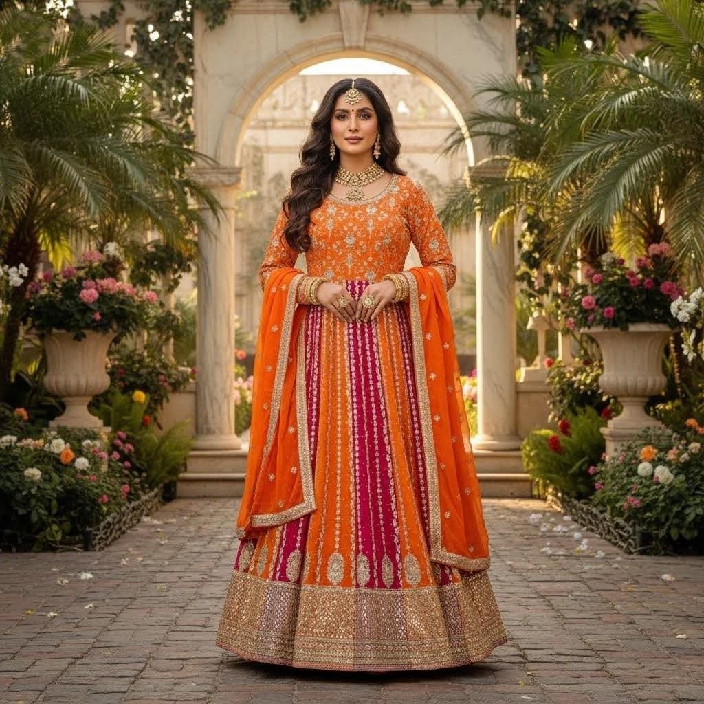 Embroidered Georgette Anarkali Gown | Orange Magenta Indian Dress with Dupatta