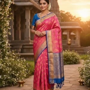 Pink Kanchipuram Silk Saree: Stitched Blouse, Woven Design
