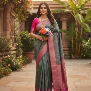 Peacock Blue Kanchi Silk Saree: Woven Design, Stitched Blouse