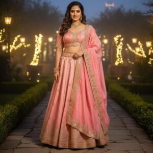 Peach Pink Embroidered Lehenga Set • Gold Zari Bridal Ghagra