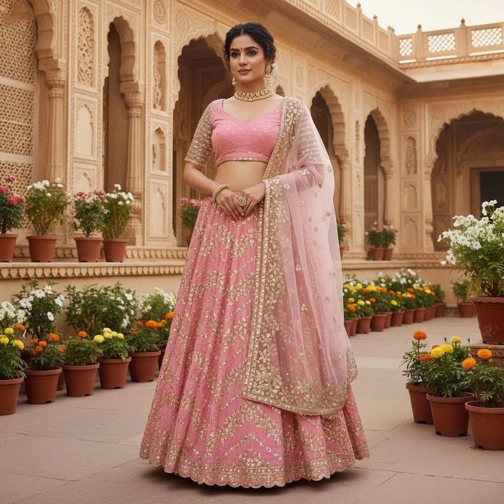 il_fullxfull.7499465360_tglo.jpg Pink Foil Mirror Work Lehenga Choli • Sequin Embroidered Indian Wedding Outfit - Image 3
