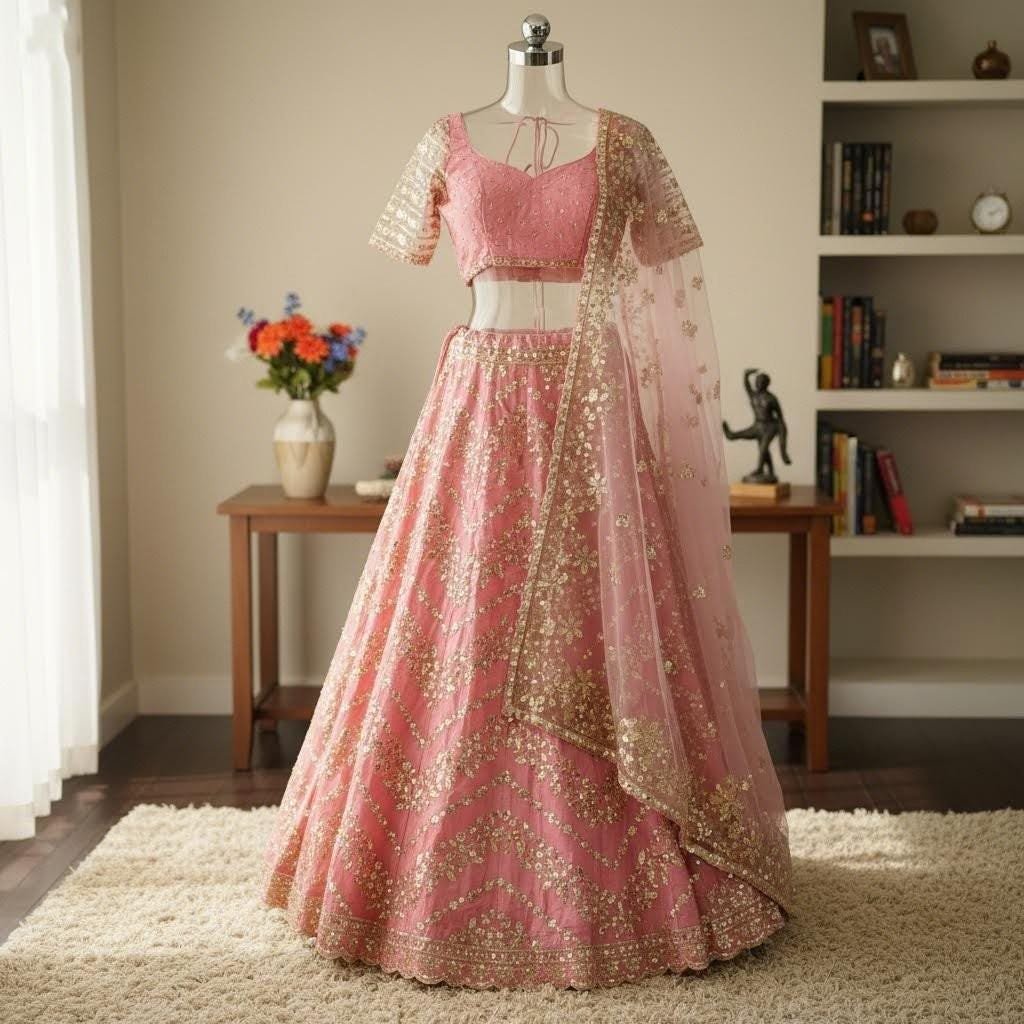 il_fullxfull.7499465380_dsg7.jpg Pink Foil Mirror Work Lehenga Choli • Sequin Embroidered Indian Wedding Outfit - Image 4
