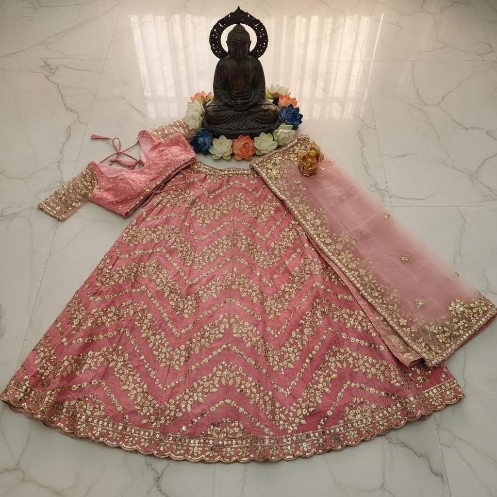 il_fullxfull.7499465390_1xv2.jpg Pink Foil Mirror Work Lehenga Choli • Sequin Embroidered Indian Wedding Outfit - Image 5