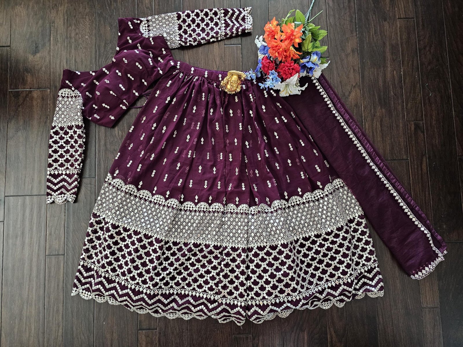 il_fullxfull.7501487565_ci1n.jpg Wine Mirror Work Lehenga Choli • Handmade Indian Wedding Outfit - Image 2