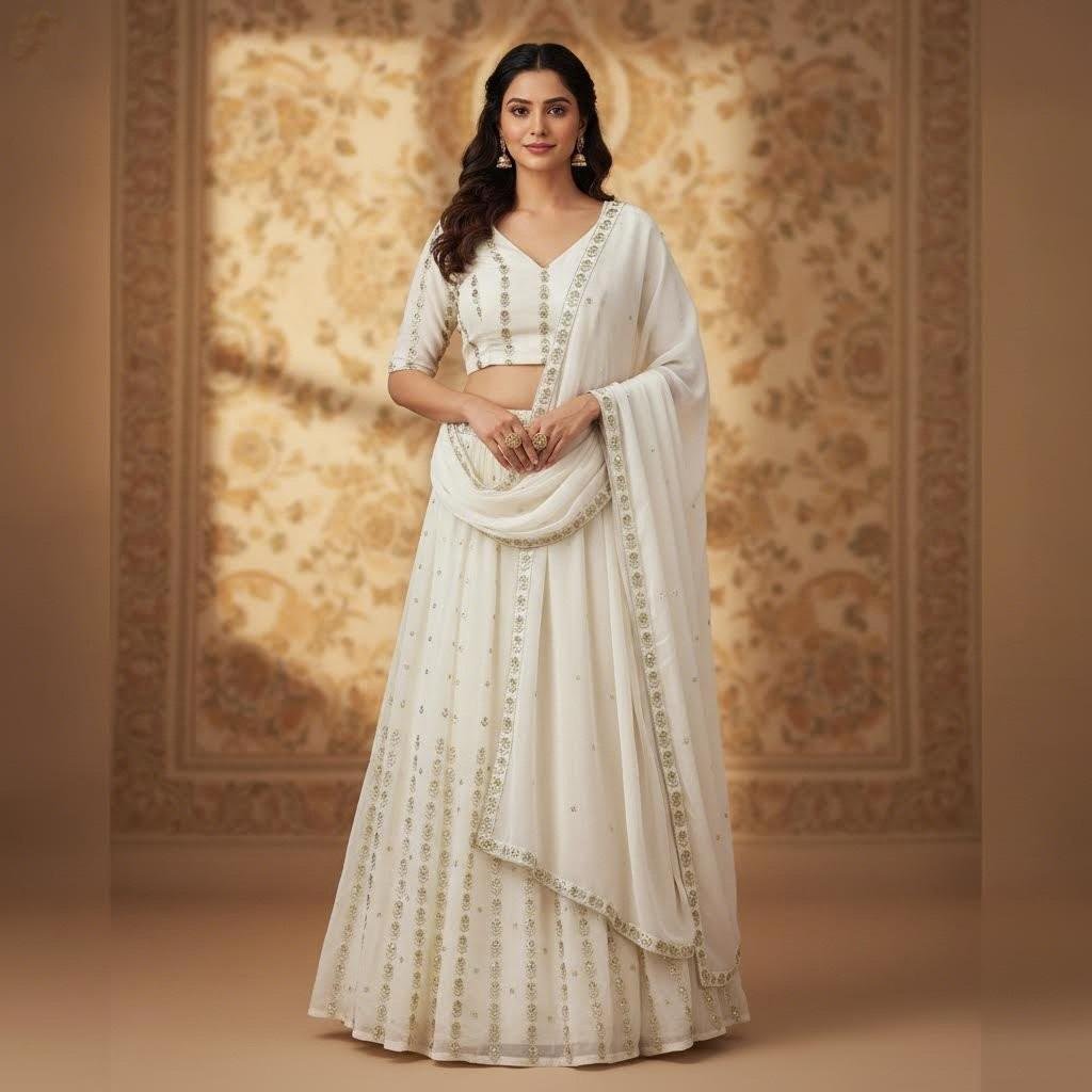 White Embroidery with Sequins Lehenga Choli Set with Dupatta | Elegant Festive Wear | Wedding Party Indian Ethnic Outfit