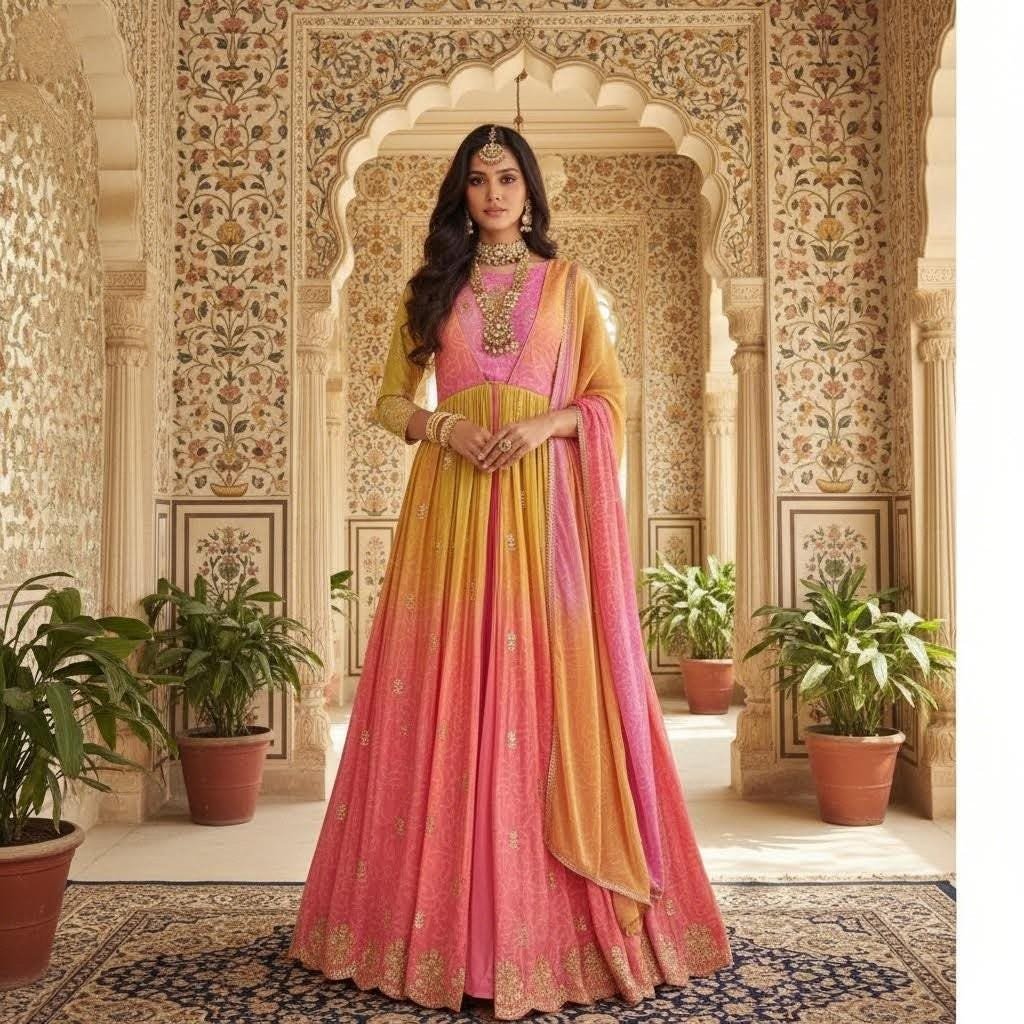 Pink Peach Ombre Anarkali Suit | Embroidered Indian Gown, Dupatta