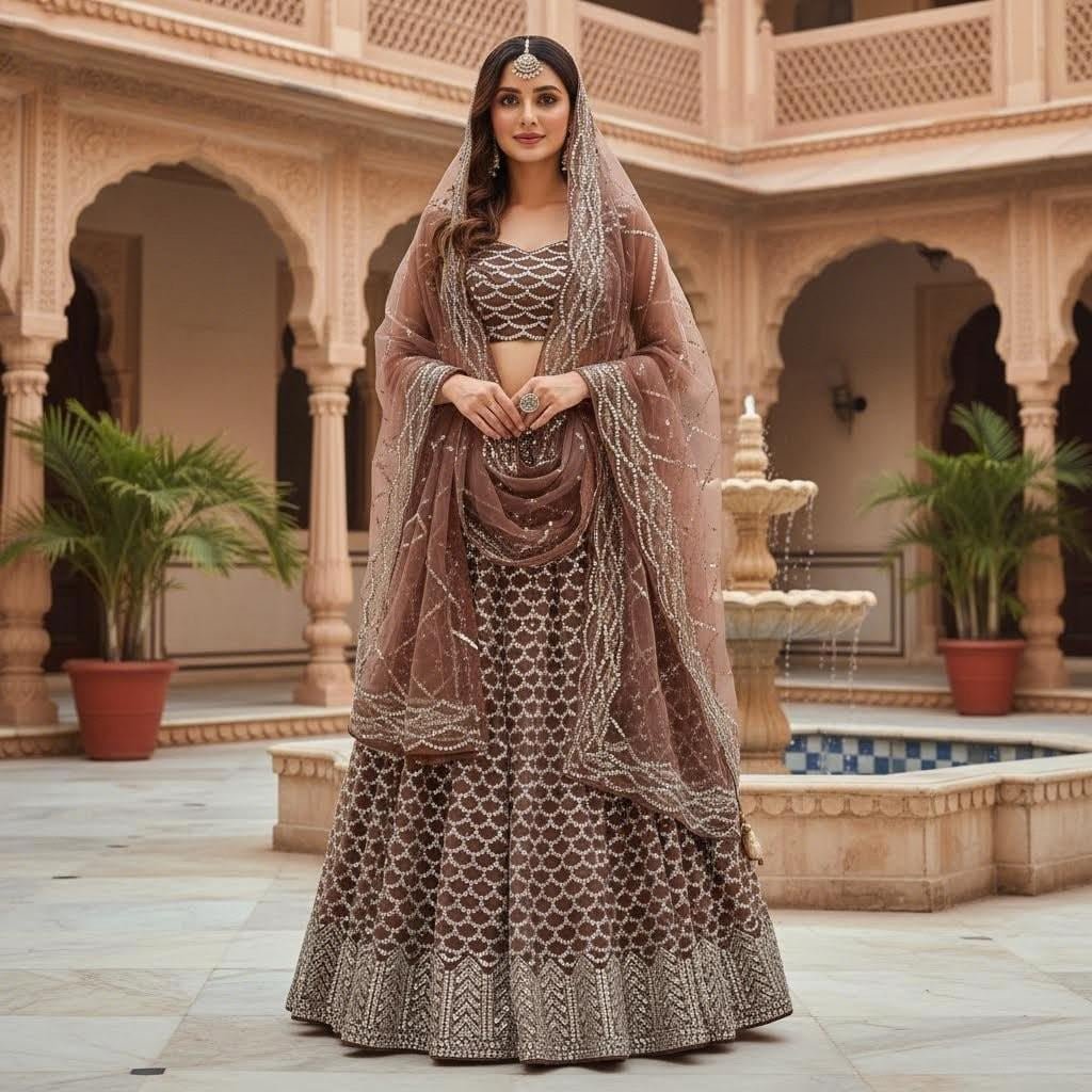 Chocolate Brown Mirror Work Lehenga Choli with Dupatta | Heavy Embellished Indian Wedding & Party Wear