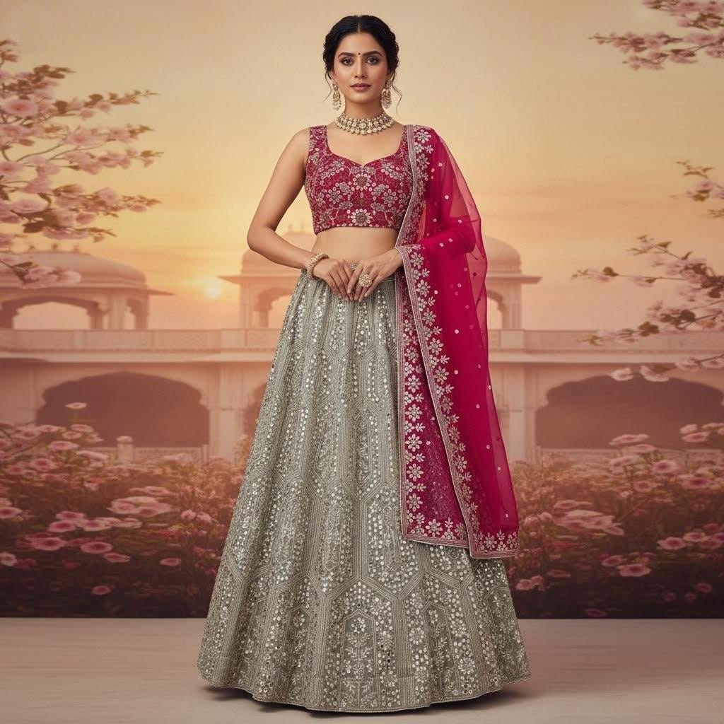 Sage Green Embroidered Lehenga Choli with Pink Dupatta | Mirror Work Indian Wedding Party Wear
