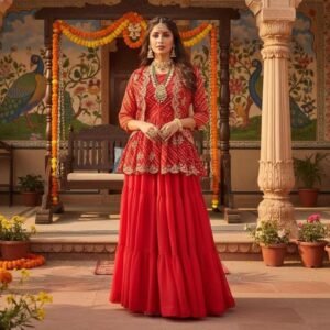 Red Embroidered Lehenga with Peplum Top & Jacket | Party Wear