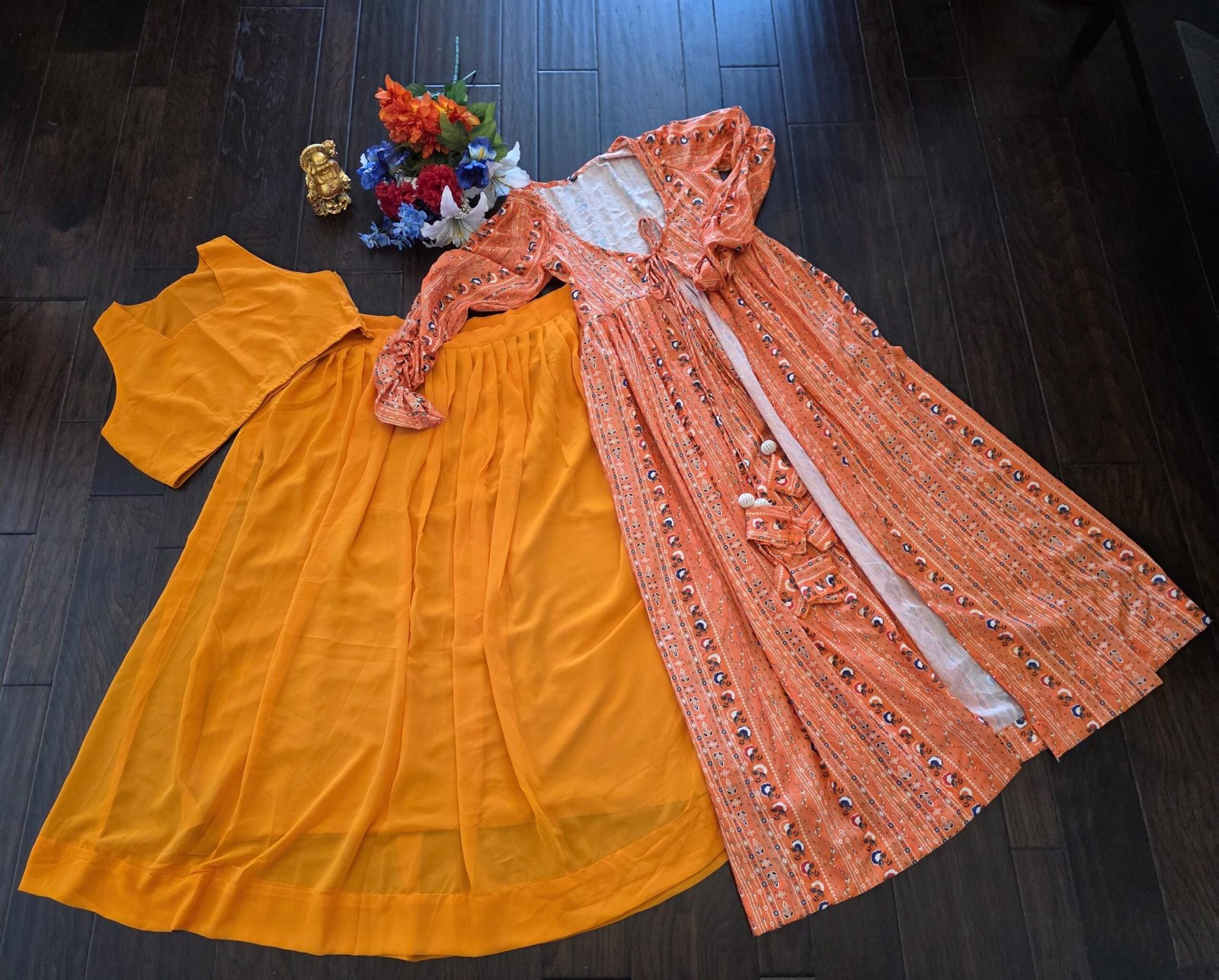 il_fullxfull.7537036857_q402.jpg Orange Georgette Anarkali Dress • Digital Print Long Jacket Lehenga - Image 6