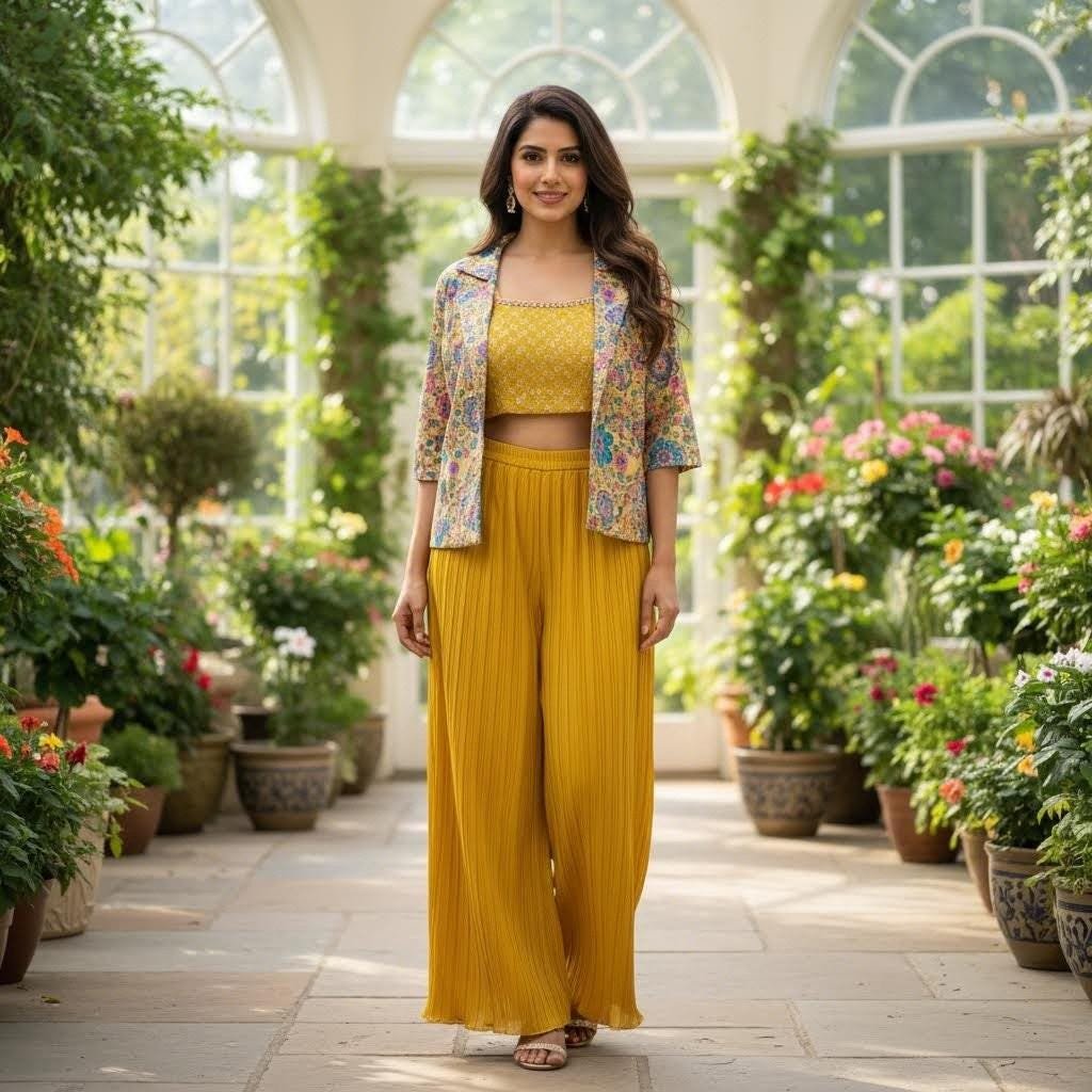 Girls' Yellow Palazzo Pant Set • Indian Festive Wear, Floral Jacket