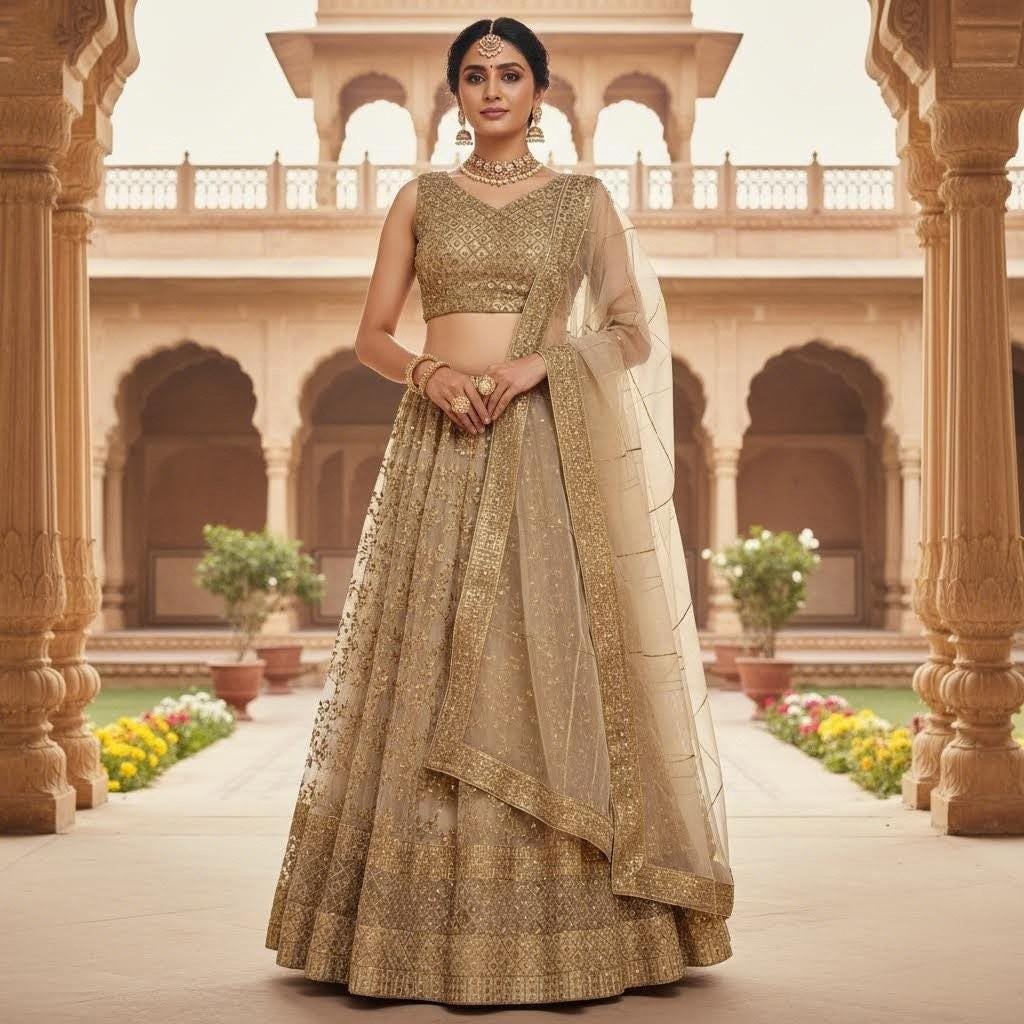 Embroidery Net Lehenga Choli with Dupatta • Gold Embroidered Ethnic Dress