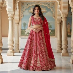 Red & Gold Embroidered Bridal Lehenga Set • Zari Work Indian Wedding Outfit