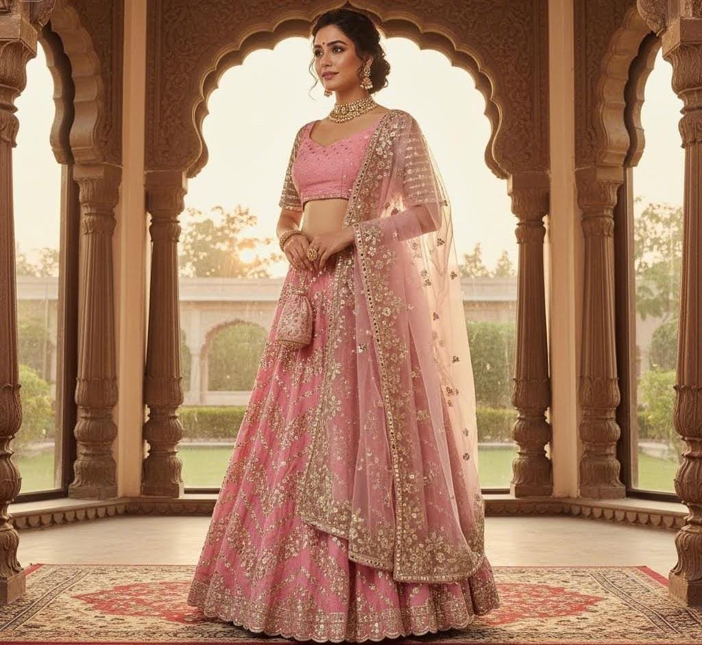 il_fullxfull.7547401987_87v5.jpg Pink Foil Mirror Work Lehenga Choli • Sequin Embroidered Indian Wedding Outfit - Image 7