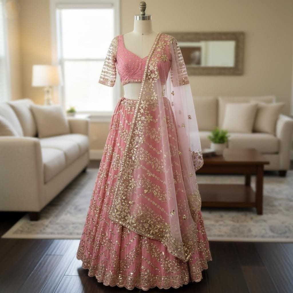 il_fullxfull.7547402019_afa3.jpg Pink Foil Mirror Work Lehenga Choli • Sequin Embroidered Indian Wedding Outfit - Image 9