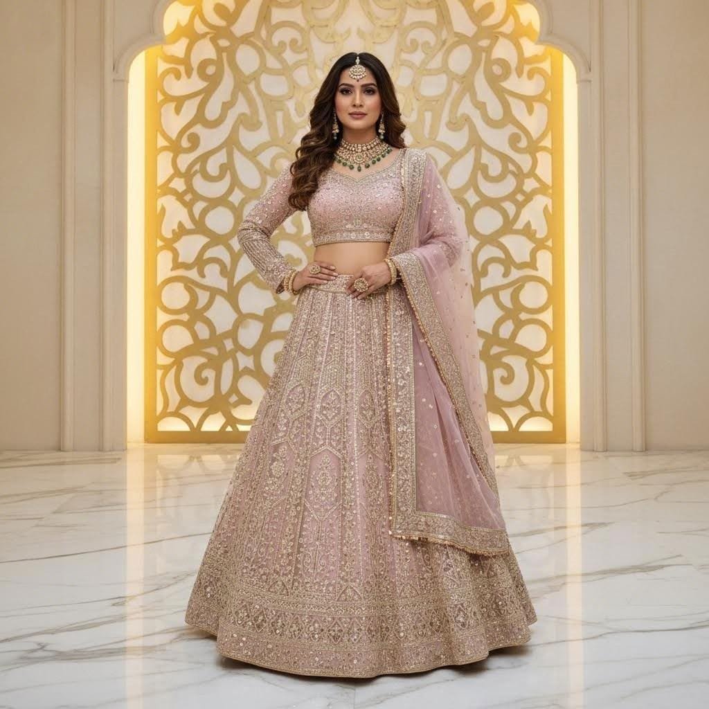 Lilac Rose Blush Pink Embroidered Lehenga Choli with Dupatta | Heavy Work Indian Wedding Party Wear