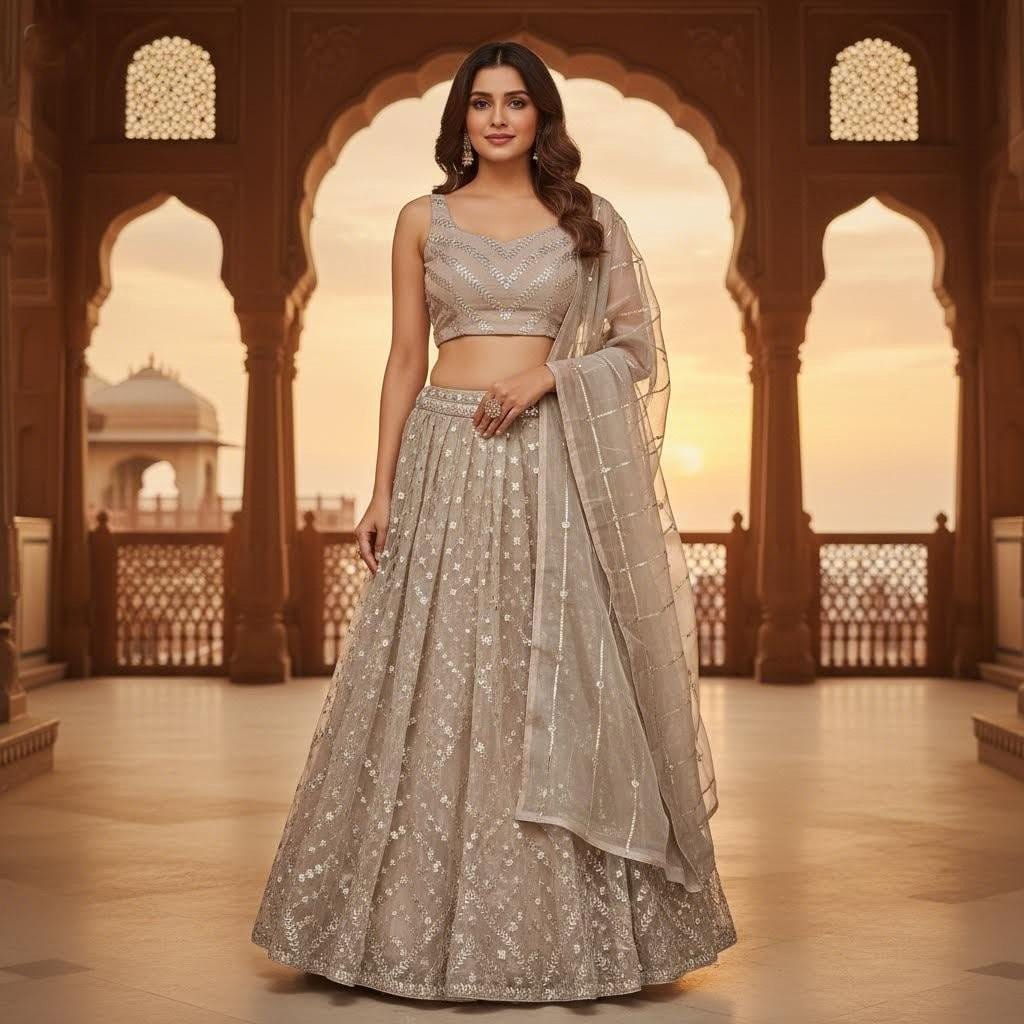 Grey Sequin Embroidered Lehenga Choli with Dupatta | Pastel Indian Wedding & Festive Party Wear