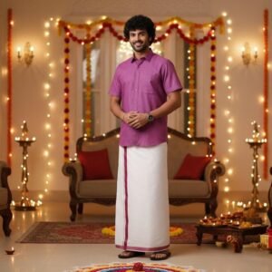 Matching Shirt & Dhoti Set for Men – Cotton – Half Sleeves – No Pocket - No hook-and-loop closure