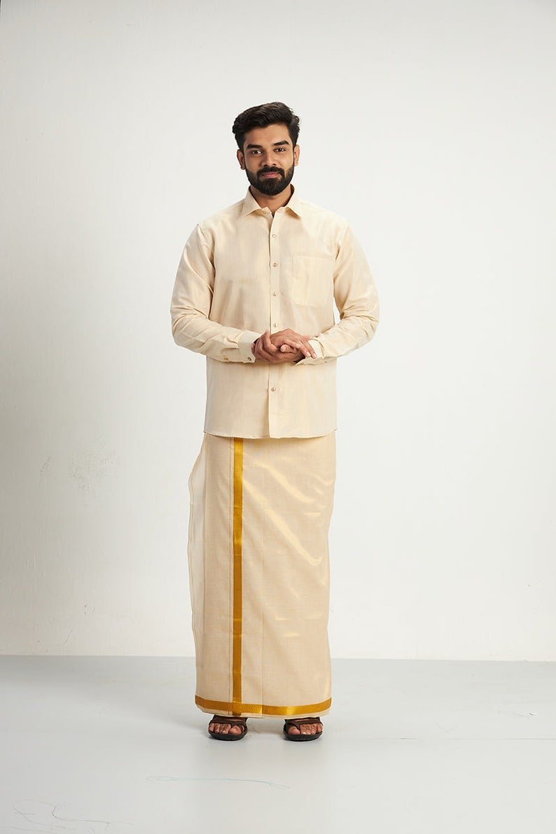 men's wedding dhoti set – cotton rich blend shirt, jari border men's wedding dhoti set – cotton rich blend shirt, jari border