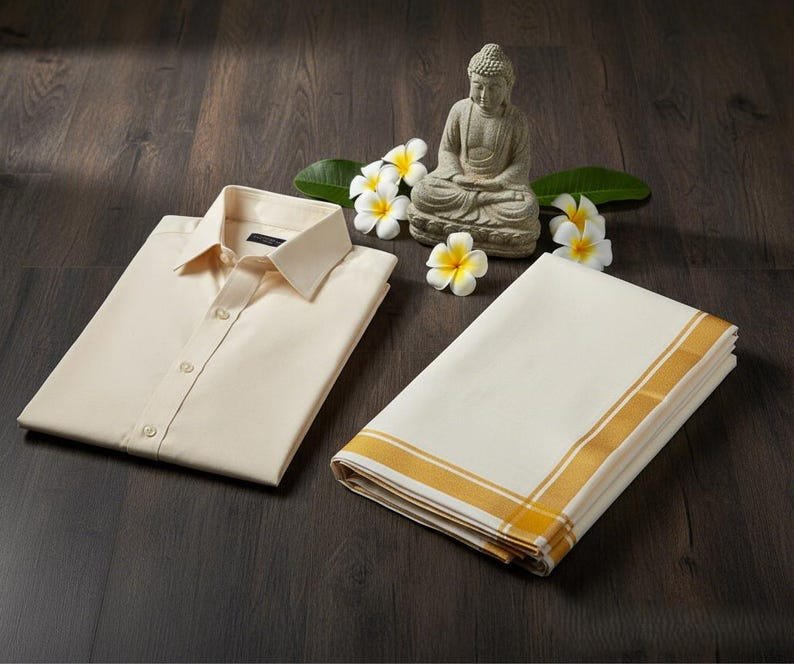 men's wedding dhoti set – cotton rich blend shirt, jari border men's wedding dhoti set – cotton rich blend shirt, jari border