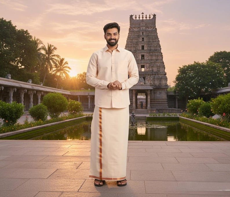 men's wedding dhoti set – cotton rich blend shirt, jari border men's wedding dhoti set – cotton rich blend shirt, jari border