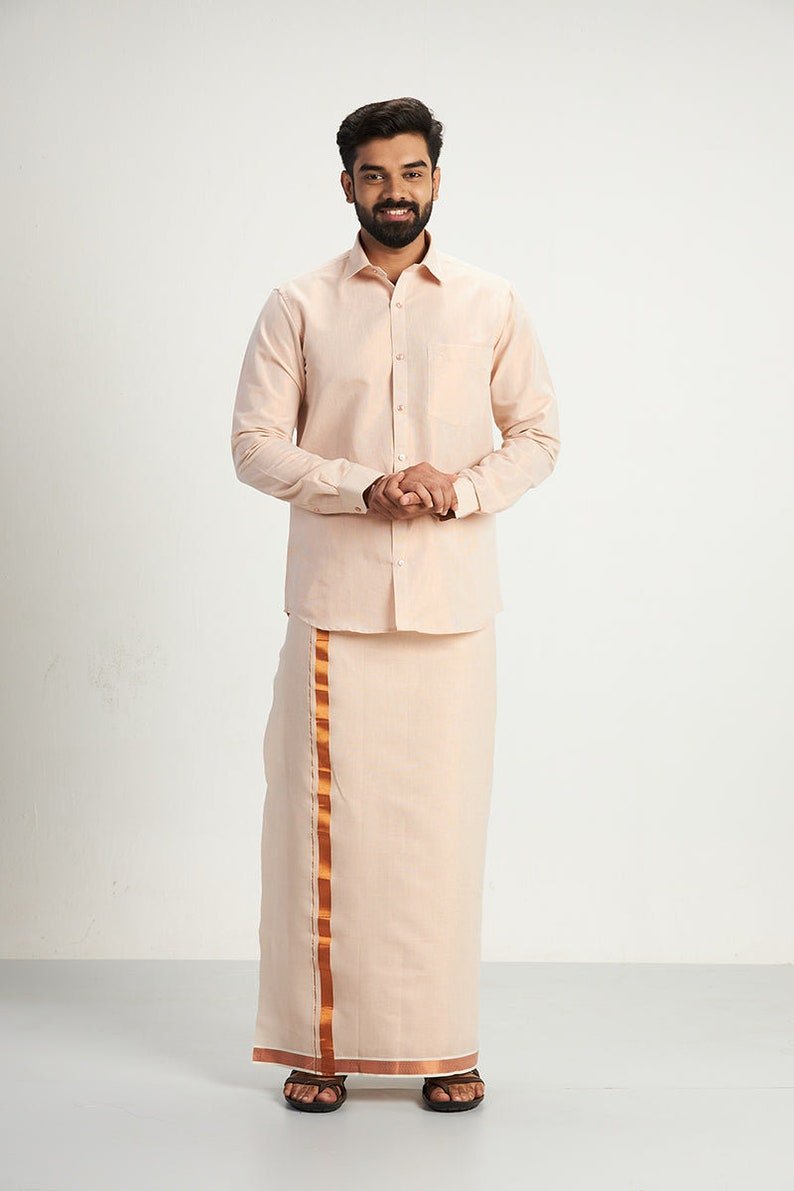 men's wedding dhoti set – cotton rich blend shirt, jari border men's wedding dhoti set – cotton rich blend shirt, jari border