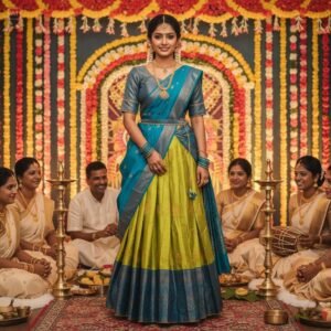 ready to wear trendy semi silk half sarees sets 4 piece fully stitched set