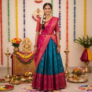 ready to wear trendy semi silk half sarees sets 4 piece fully stitched set