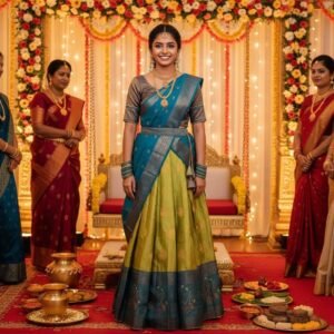 ready to wear trendy semi silk half sarees sets 4 piece fully stitched set