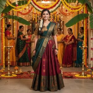 ready to wear trendy semi silk half sarees sets 4 piece fully stitched set