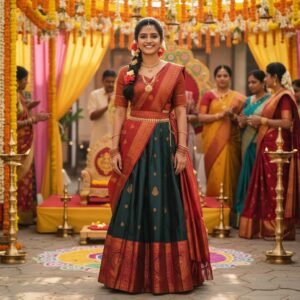 ready to wear trendy semi silk half sarees sets 4 piece fully stitched set